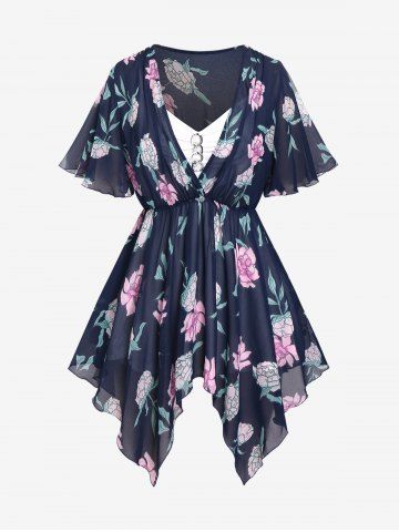 Plus Size Floral Print Blouse and Chain Panel Cami Top Set - DEEP BLUE - M | US 10