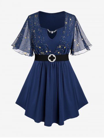 Plus Size Star Print Chain Panel Belted Short Sleeve T-Shirt