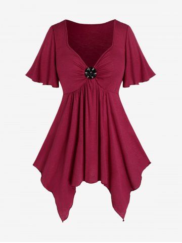 Plus Size Lettuce Flutter Sleeves Solid Handkerchief  Tee - DEEP RED - 2X | US 18-20