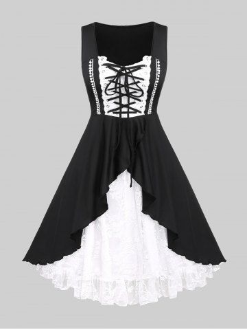 Gothic Lace Panel Lace-up Ruffles Sleeveless Dress - BLACK - 1X | US 14-16