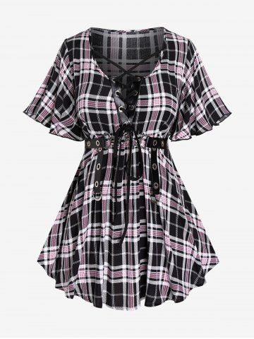 Plus Size Plaid Lace Up Short Sleeves T-Shirt - BLACK - 3X | US 22-24