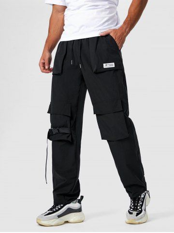 Buckle Strap Multi-pocket Solid Color Cargo Pants - BLACK - S