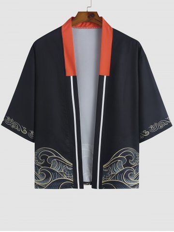 Sea Waves Print Colorblock Collar Casual Kimono - BLACK - M