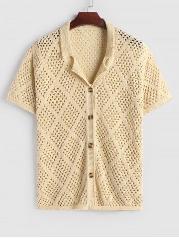 Lapel Collar Solid Color Rhombus Openwork Short Sleeves Knitted Top - LIGHT COFFEE - S