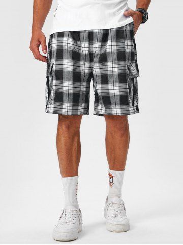 Button Pocket Design Plaid Pattern Cargo Shorts - BLACK - L