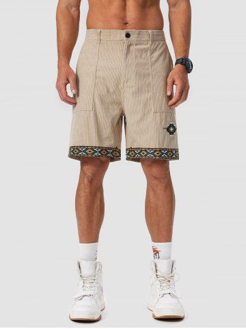 Ethnic Aztec Pattern Embroidered Corduroy Shorts - LIGHT COFFEE - XXL