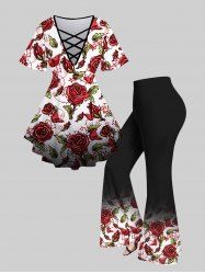 Plus Size 3D Flower Leaves Butterfly Printed Crisscross V Neck Short Sleeve T-Shirt and Flare Pants Outfit -  