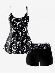 Gothic 3D Moon Star Glitter Print Boyleg Tankini Swimsuit (Adjustable Shoulder Strap) -  