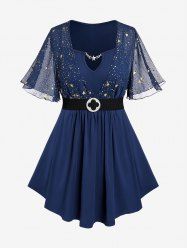 Plus Size Star Print Chain Panel Belted Short Sleeve T-Shirt -  