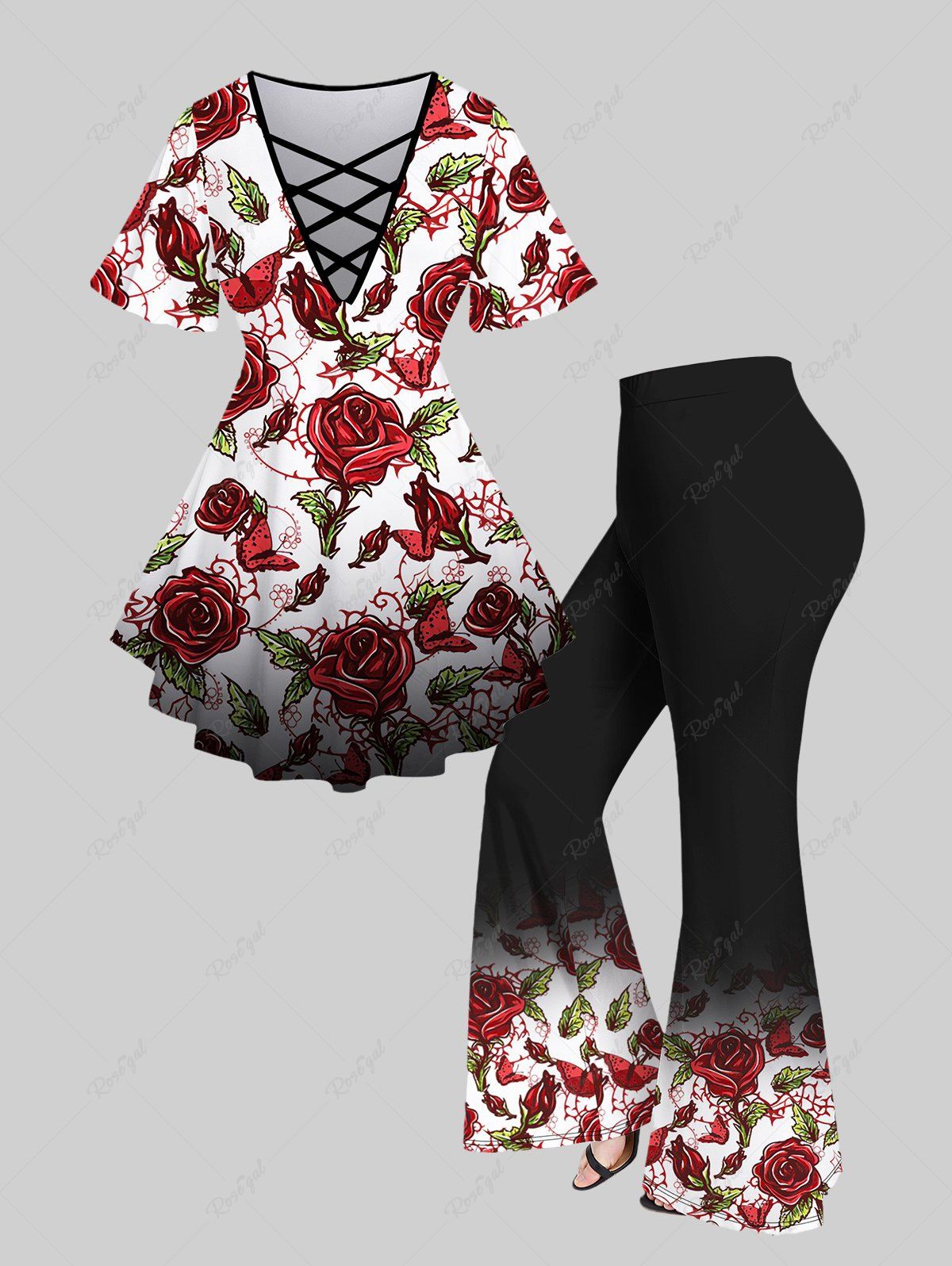 Fancy Plus Size 3D Flower Leaves Butterfly Printed Crisscross V Neck Short Sleeve T-Shirt and Flare Pants Outfit  