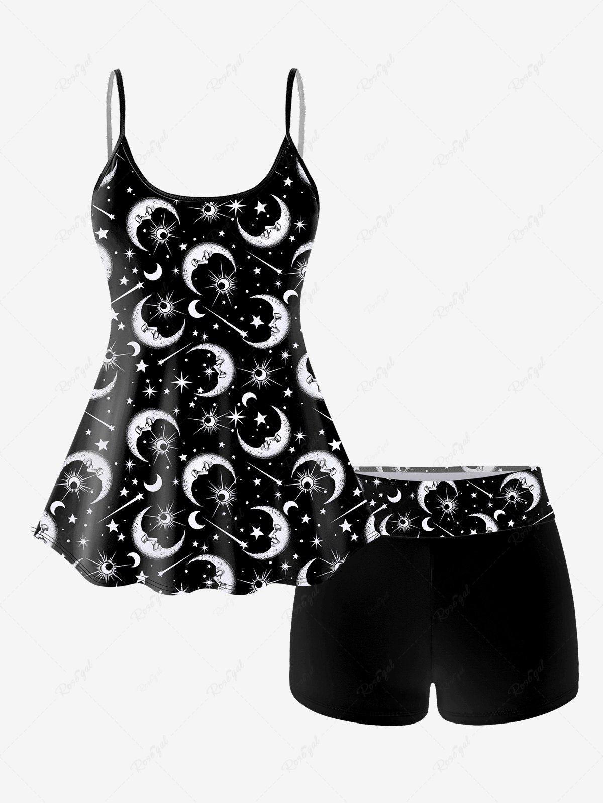 Outfit Gothic 3D Moon Star Glitter Print Boyleg Tankini Swimsuit (Adjustable Shoulder Strap)  