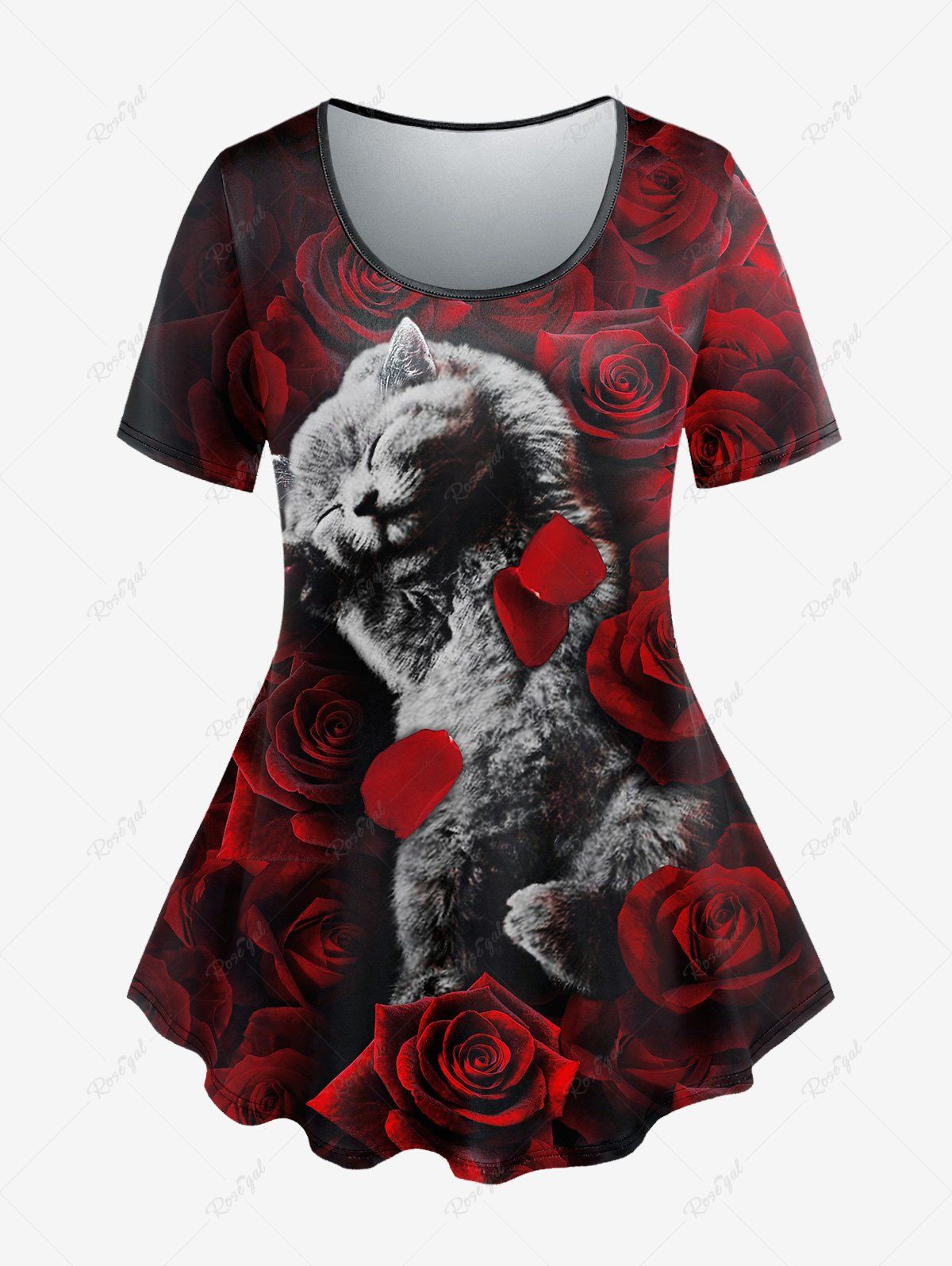 New Gothic 3D Cat Rose Print Short Sleeve T-Shirt  