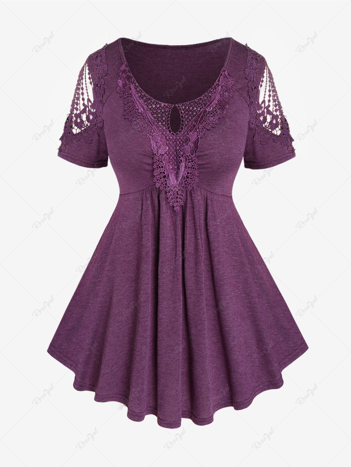 Outfits Plus Size Lace Trim Ruched Hollow Out Short Sleeves T-shirt  