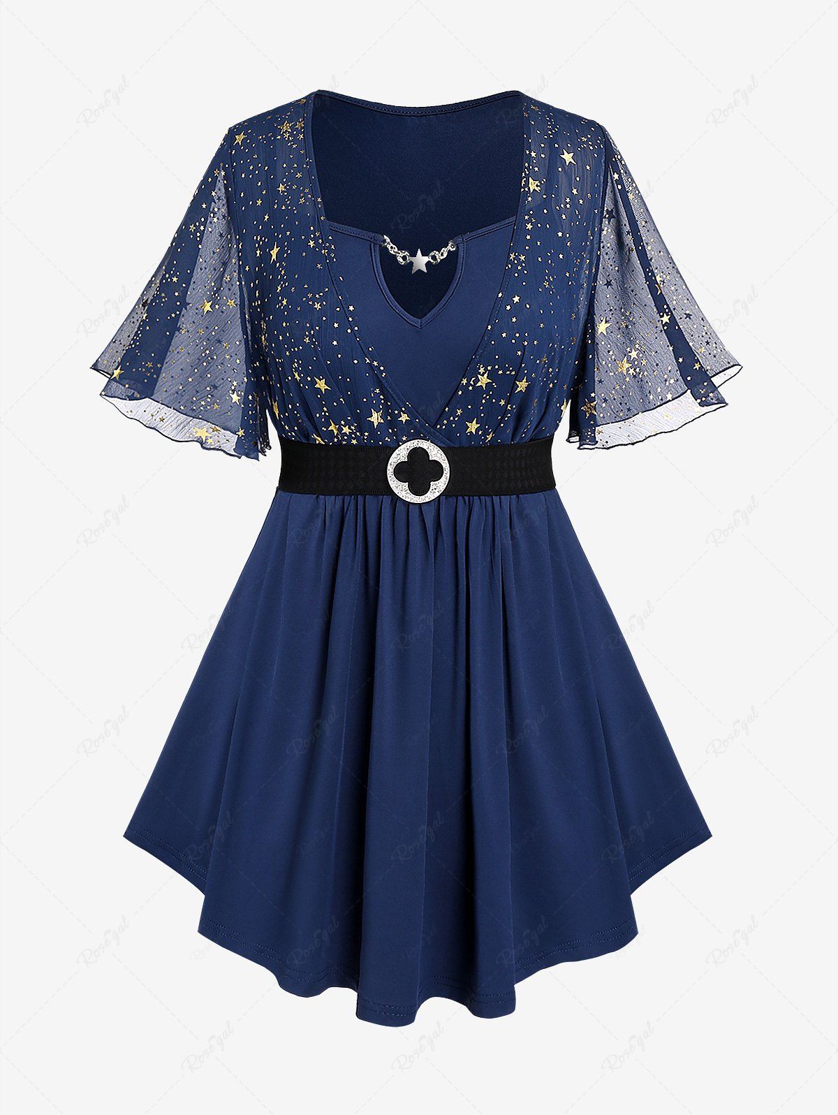 Outfit Plus Size Star Print Chain Panel Belted Short Sleeve T-Shirt  
