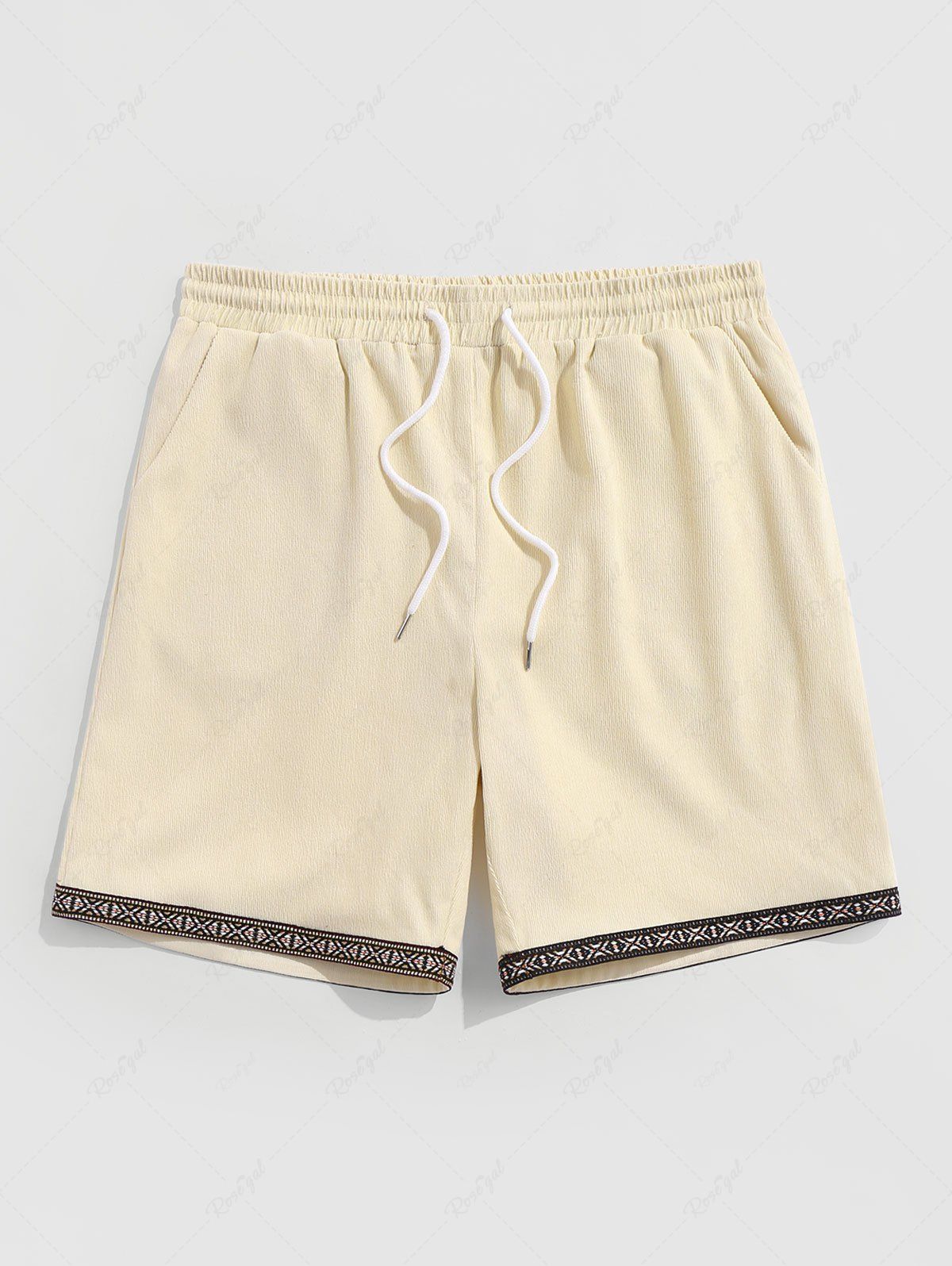 Trendy Ethnic Print Trim Drawstring Pocket Corduroy Shorts  