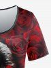Gothic 3D Cat Rose Print Short Sleeve T-Shirt -  