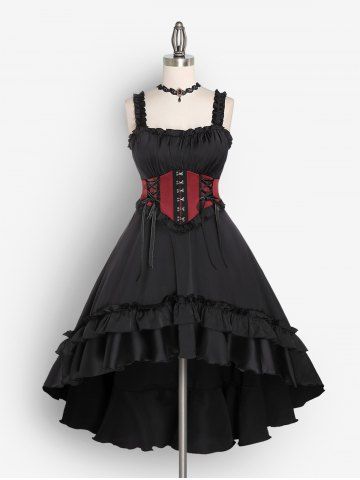 Lolita Layered Ruffled Frilled Lace-up High Low Maxi Corset Dress And Lace Red Gem Choker Gothic Outfit