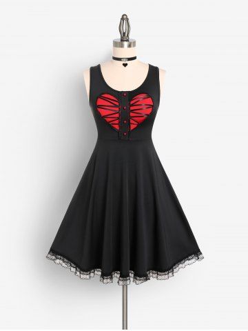 Heart Colorblock Dress And  PU Leather Heart Choker Gothic Outfit - RED