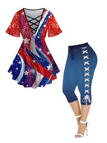 American Flag Print Crisscross Short Sleeve T-Shirt and 3D Lace-up Jean Print Capri Jeggings Plus Size Outfits