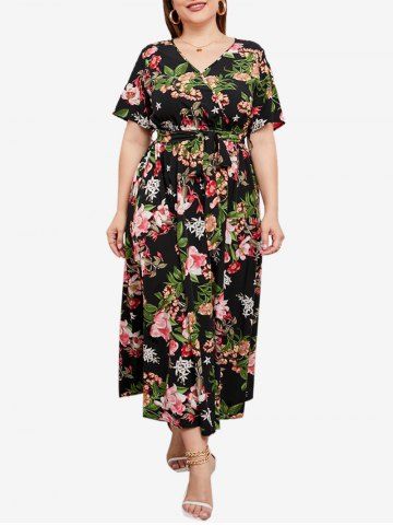 Plus Size Bloom Floral Belted Maxi Dress - BLACK - XL