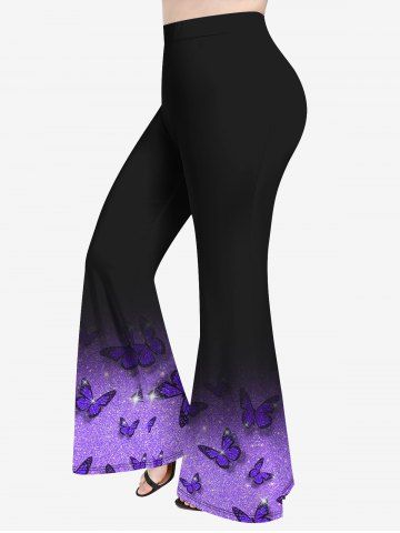 Plus Size 3D Butterfly Glitter Print Flare Pants - PURPLE - L | US 12