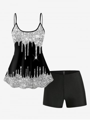 3D Sparkling Sequin Glitter Print Backless Boyleg Modest Tankini Swimsuit