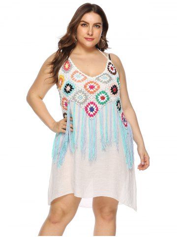 Plus Size Tassel Crochet Halter Beach Cover Up Dress - WHITE - 2XL