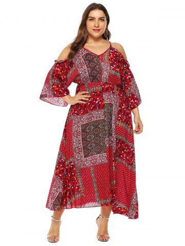 Plus Size Paisley Printed Cold Shoulder A Line Midi Dress - RED - 1XL