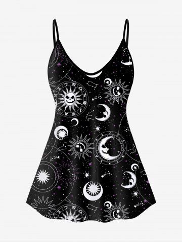 Gothic 3D Moon Sun Glitter Print Tank Top（Adjustable Shoulder Strap） - BLACK - 1X | US 14-16