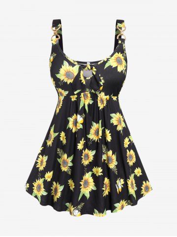 Plus Size Sunflower Print Hole Knotted Buckle Cami Top - BLACK - 2X | US 18-20