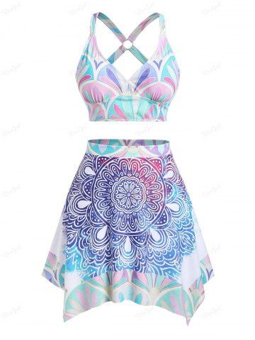 Figure Print O-ring Crisscross Padded Three Piece Skirt Tankini Swimsuit