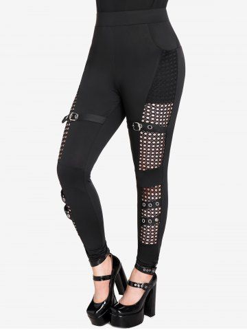 Gothic Fishnet Panel Buckle Grommets Pockets Skinny Pants - BLACK - M | US 10