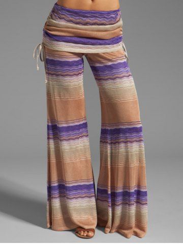 Tie Dye Print Cinched Foldover Elastic Waist Wide Leg Pants - PURPLE - S