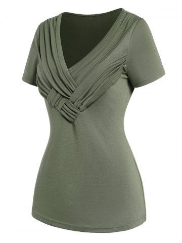 Plain Color Crossover Ruched V Neck Short Sleeve T Shirt - DEEP GREEN - XXL