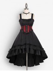 Lolita Layered Ruffled Frilled Lace-up High Low Maxi Corset Dress And Lace Red Gem Choker Gothic Outfit -  