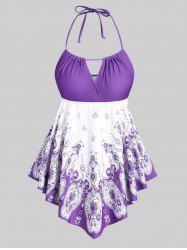 Tankini Plissé 3D Papillon Imprimé à Col Halter - Pourpre  M | US 10