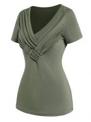 Plain Color Crossover Ruched V Neck Short Sleeve T Shirt -  