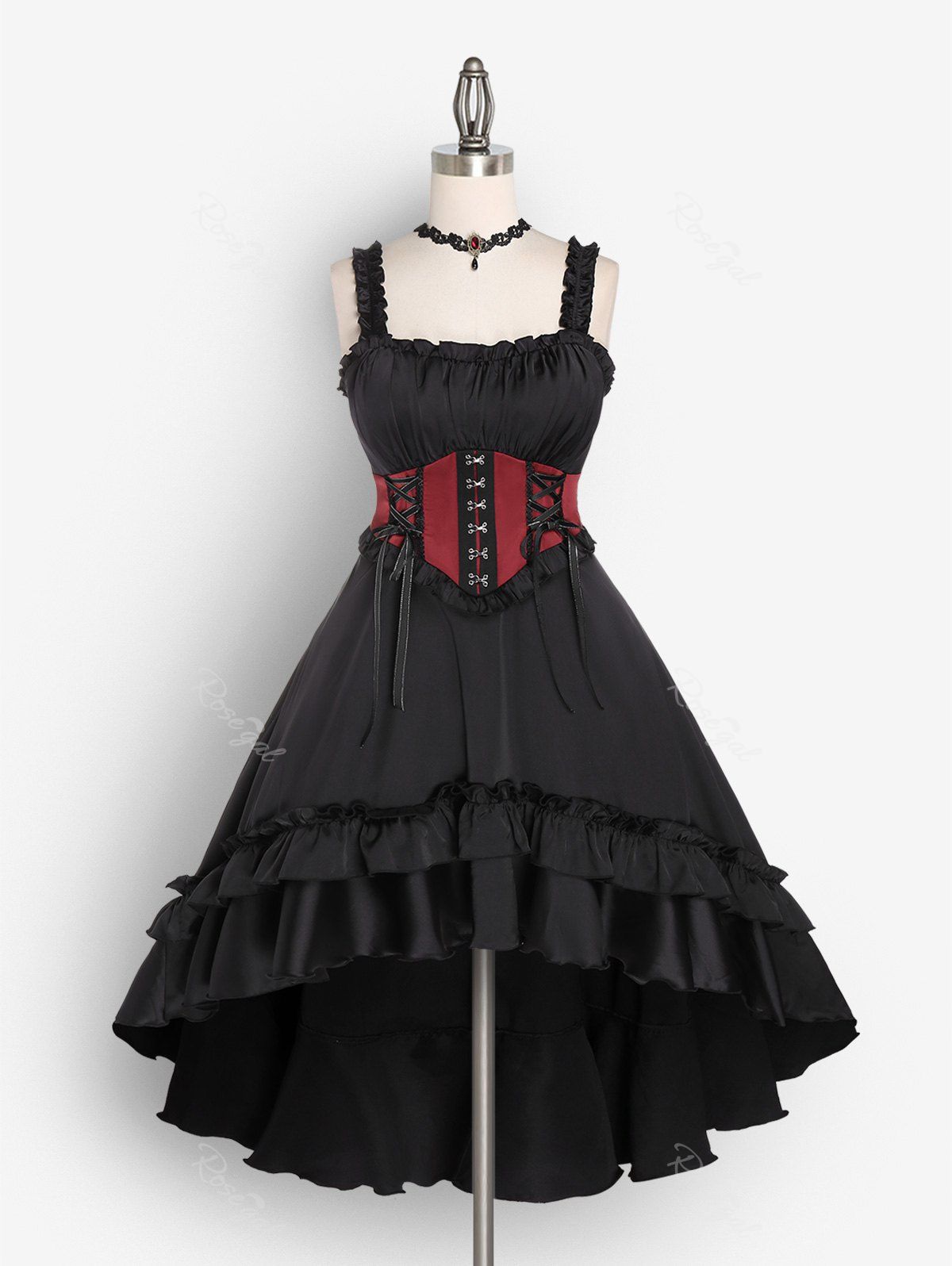 Hot Lolita Layered Ruffled Frilled Lace-up High Low Maxi Corset Dress And Lace Red Gem Choker Gothic Outfit  