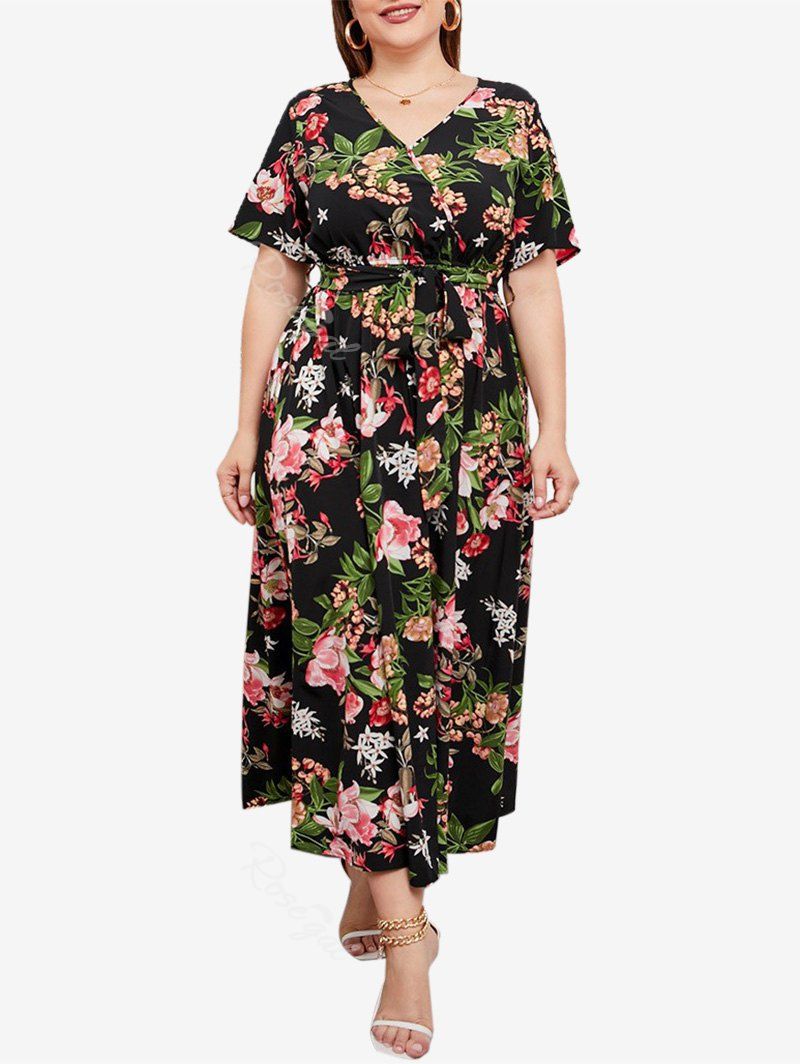 New Plus Size Bloom Floral Belted Maxi Dress  
