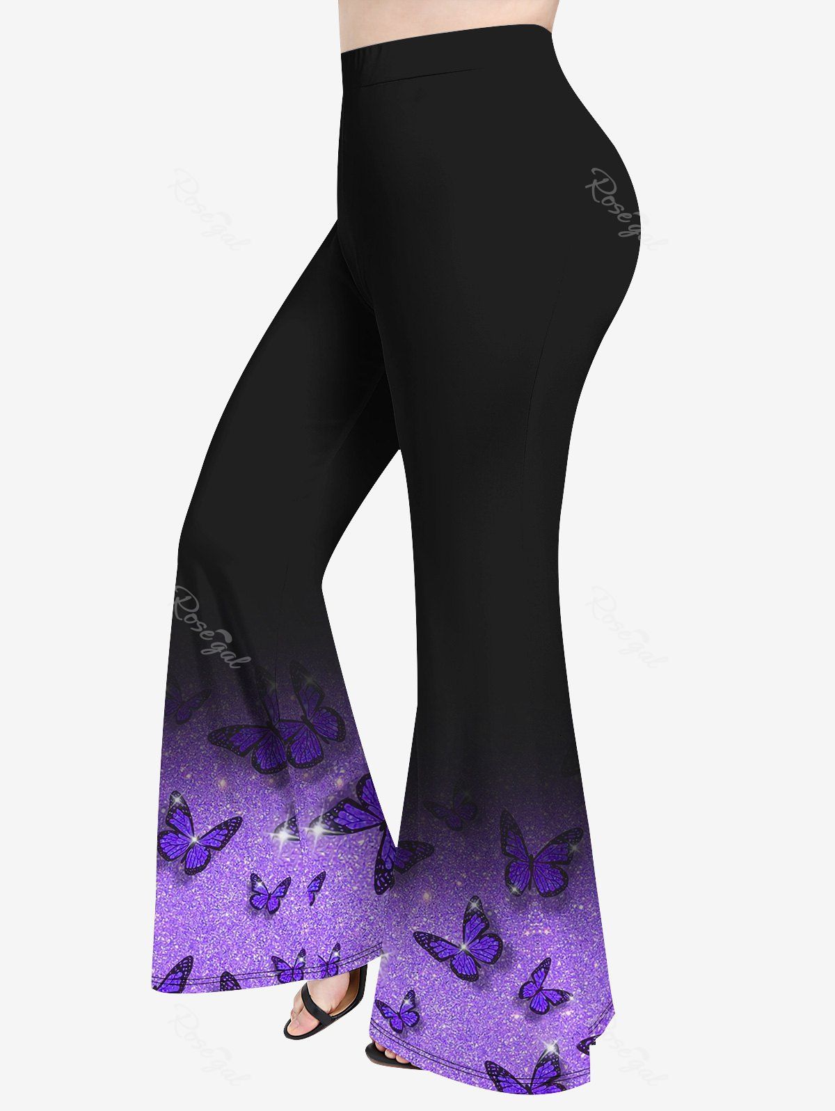 Pantalon Évasé Brillant à Imprimé Papillons 3D Grande-Taille Pourpre  5x | US 30-32
