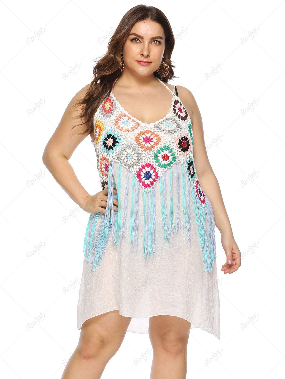 Fancy Plus Size Tassel Crochet Halter Beach Cover Up Dress  