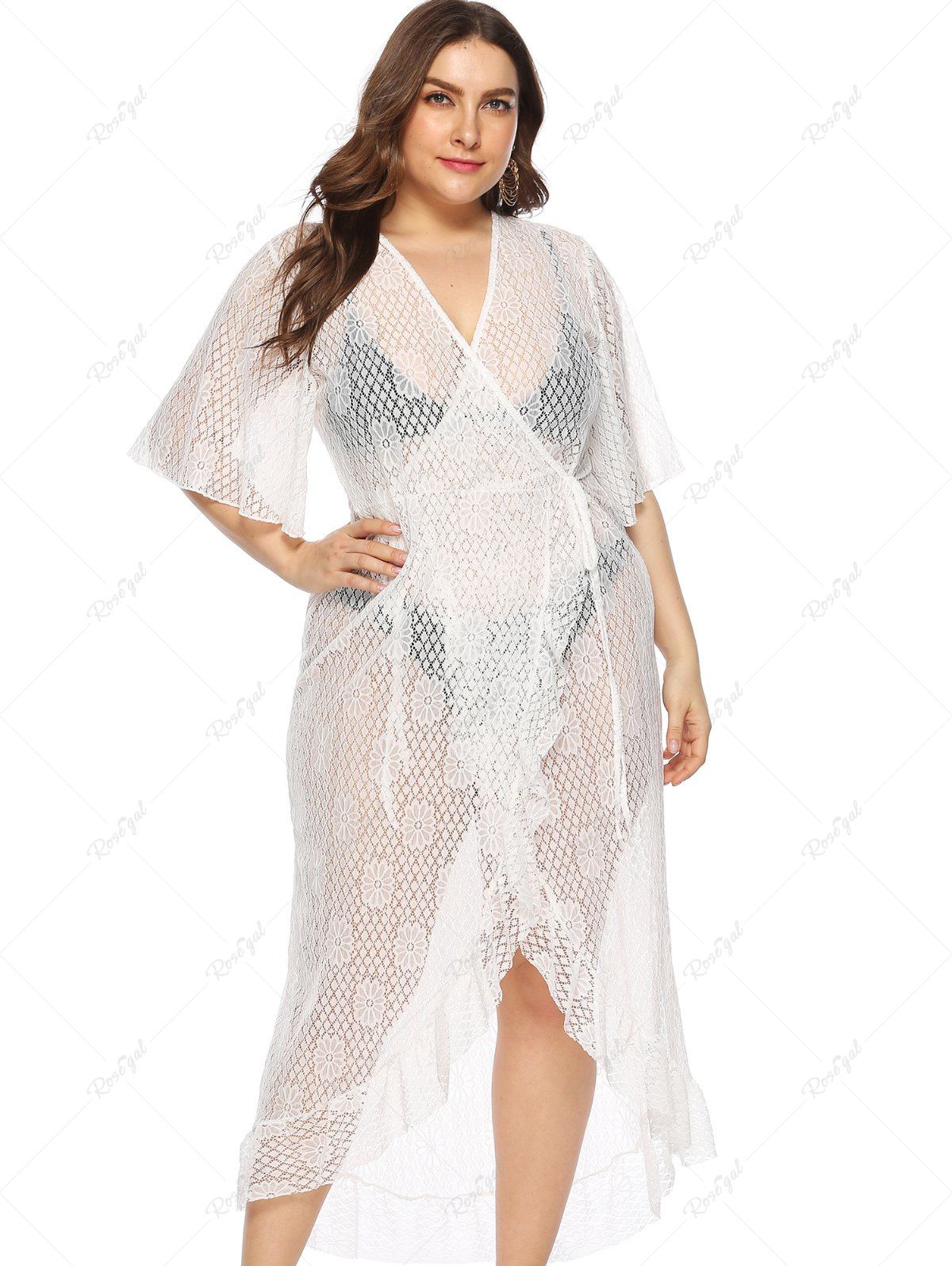 Best Plus Size Hollow Out Flounce Tie Beach Sheer Lace Cover Up  