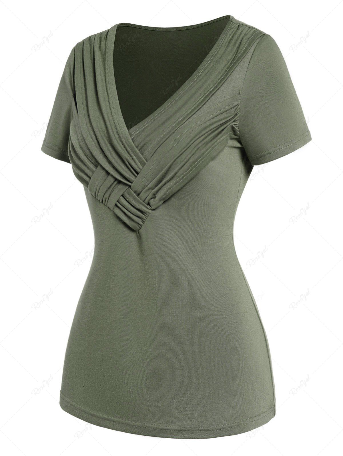 Fashion Plain Color Crossover Ruched V Neck Short Sleeve T Shirt  