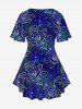 Plus Size Crisscross Light Beam Floral Printed V-Neck Short Sleeve T-Shirt -  