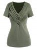 Plain Color Crossover Ruched V Neck Short Sleeve T Shirt -  