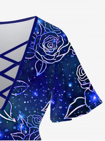 Plus Size Crisscross Light Beam Floral Printed V-Neck Short-Sleeved T-Shirt and 3D Light Beam Flower Colorblocks Printed Flare Pants Outfit