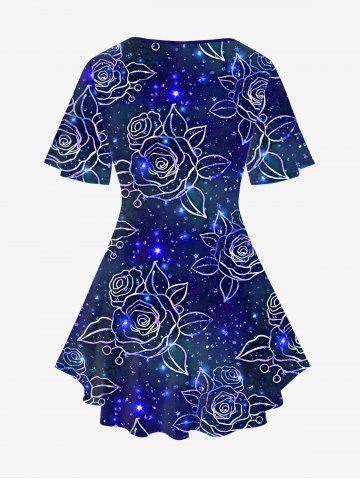 Plus Size Crisscross Light Beam Floral Printed V-Neck Short-Sleeved T-Shirt and 3D Light Beam Flower Colorblocks Printed Flare Pants Outfit