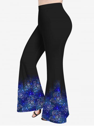Plus Size Crisscross Light Beam Floral Printed V-Neck Short-Sleeved T-Shirt and 3D Light Beam Flower Colorblocks Printed Flare Pants Outfit