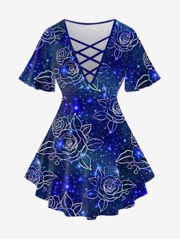 Plus Size Crisscross Light Beam Floral Printed V-Neck Short-Sleeved T-Shirt and 3D Light Beam Flower Colorblocks Printed Flare Pants Outfit