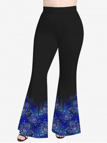 Plus Size Crisscross Light Beam Floral Printed V-Neck Short-Sleeved T-Shirt and 3D Light Beam Flower Colorblocks Printed Flare Pants Outfit